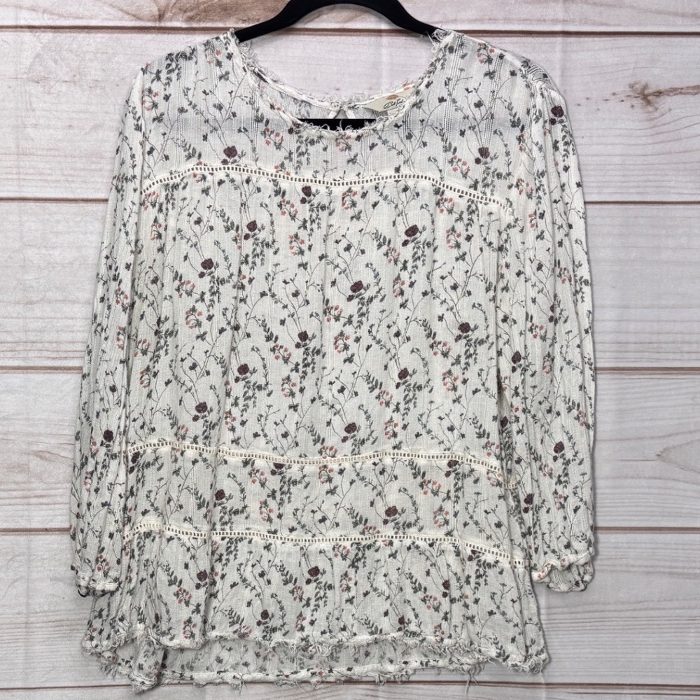 Bob Timberlake Floral Lace Trim Peasant Blouse Cream Boho Tiered Top Large